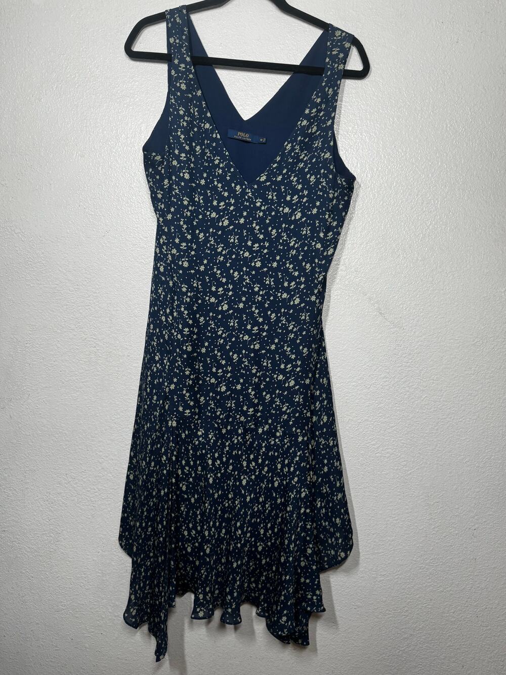 Polo Ralph Lauren Silk Dress Navy Blue V-Neck Floral Pullover Sleeveless Sz 10